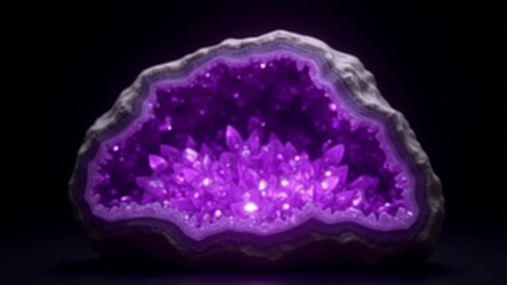 हीरे के क्रिस्टल से भरी हुई एक आश्चर्यजनक एमेथिस्ट भूगर्भ, फोटोरिअलिस्टिक 3डी रेंडर।